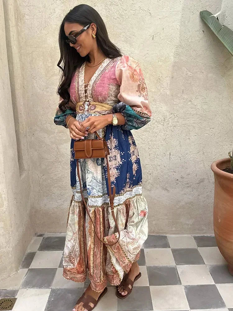 Fashion Puff Sleeve Patchwork Print Midi Dress Women Sexy V Neck High Waist Long Dresses Female Vacation Street Vestidos