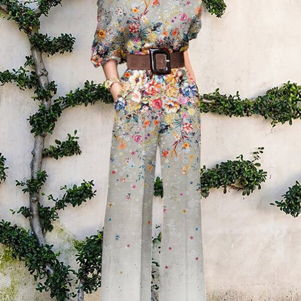 Print Jumpsuit Women Autumn and Spring 2024 New Fashion Long Sleeve Lapel Loose Casual Elegance Green Jumpsuits Print 2 (No Belt)