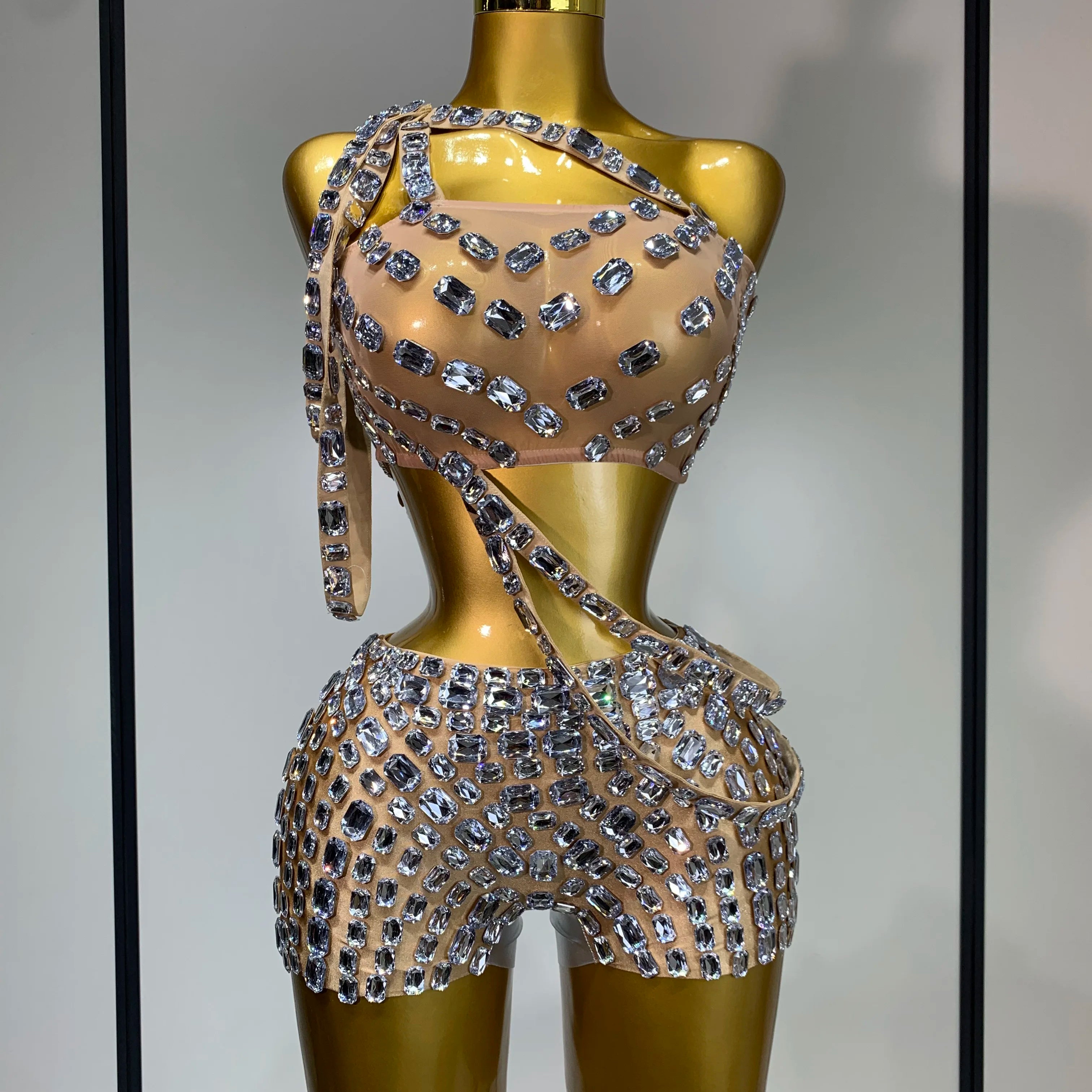 Luxury Diamonds Sexy Mesh Perspective Two Pieces Outfit Performance Dancer Singer Costume Nightclub Women's Set Birthday Wear Style 2