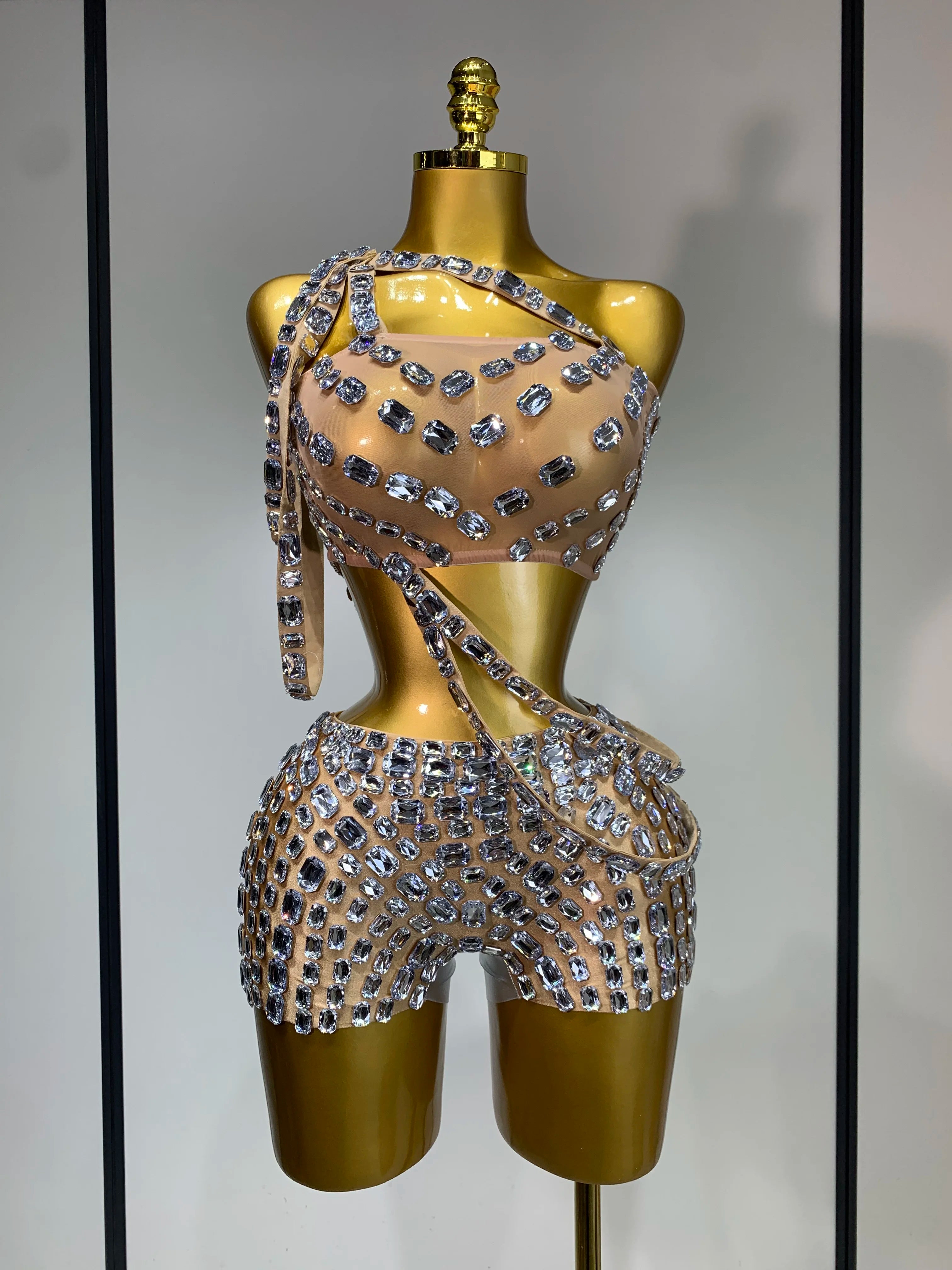 Luxury Diamonds Sexy Mesh Perspective Two Pieces Outfit Performance Dancer Singer Costume Nightclub Women's Set Birthday Wear Style 2