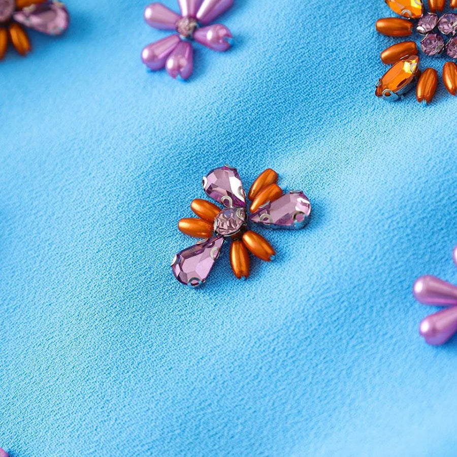 Solid Slimming Spliced Bead Luxurious Dresses for Women Square Neck Long Sleeves Temperament Dress Female Clothing