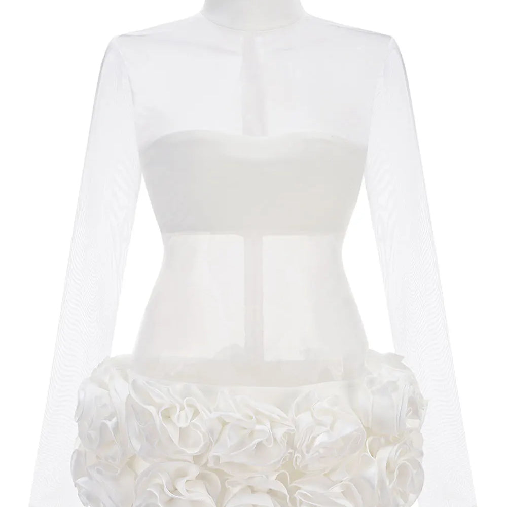 2024 Sexy Women's Perspective Mesh Mini Dress Stand Collar Long Sleeve Bodycon 3D Flower Decoration Dress Evening Party Vestidos