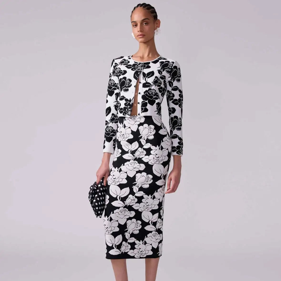 2025 Celebrity Red Carpet Dress Women Long Sleeve Jacquard Weave Flowers 2 Pieces Bodycon Bandage Women's Set