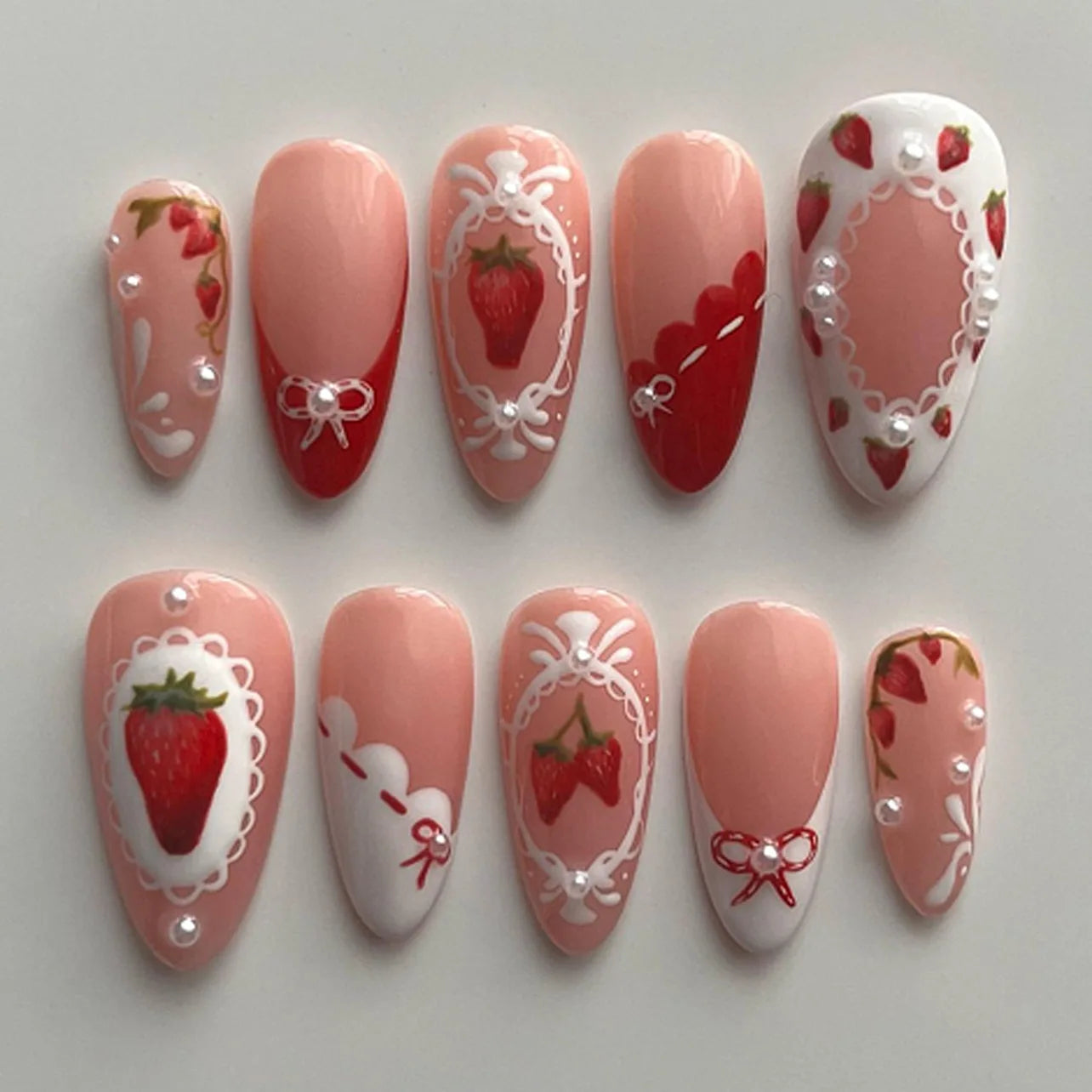 24Pcs 3D Green Ripple Design False Nails Cat's Eye French Almond Fake Nail Tips Leaves Pattern Removable Oval Press on Nails 3740