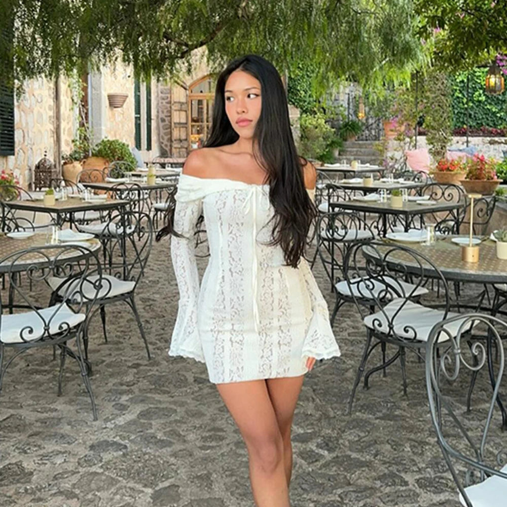 Suninheart White Off The Shoulder Bodycon Dress 2024 New in Flare Sleeve Elegant Lace Maxi Dress Wedding Guest Dress for Women Short version