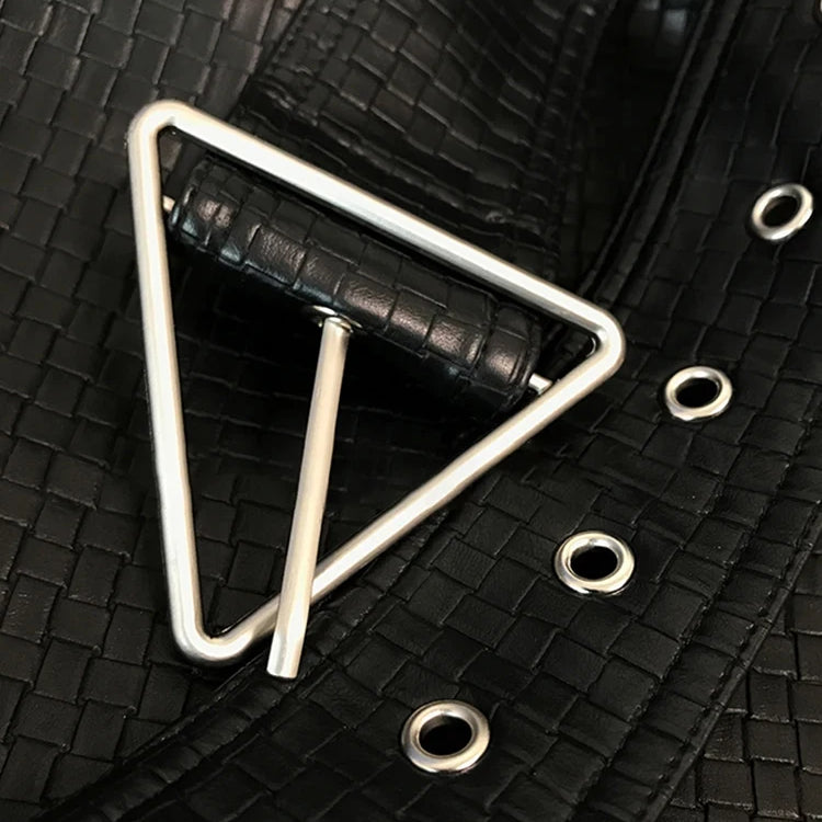 Lautaro-Women's Black Leather Shirt Jacket, Long Sleeve, Belt Pockets, Single Breasted, Loose, Casual, Luxury, Korean Fashion