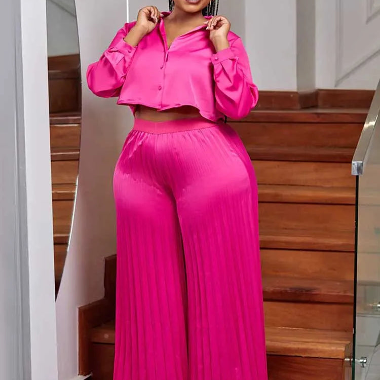 2 Piece Sets Women Outfit Luxury Elegant Autumn Long Sleeve Button Top and Pleated Pants Set Casual Ladies Clothes Plus Size Fuchsia