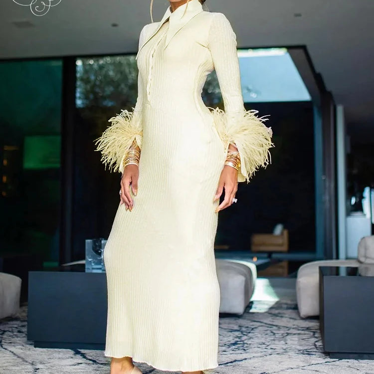 VC Light Yellow Maxi Dress Women Elegant Bodycon Bandage Long Sleeve Feather Design Party Dress Vestidos