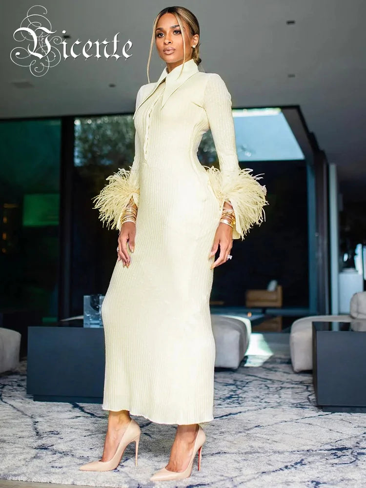 Light Yellow Maxi Dress Women Elegant Bodycon Bandage Long Sleeve Feather Design Party Dress Vestidos