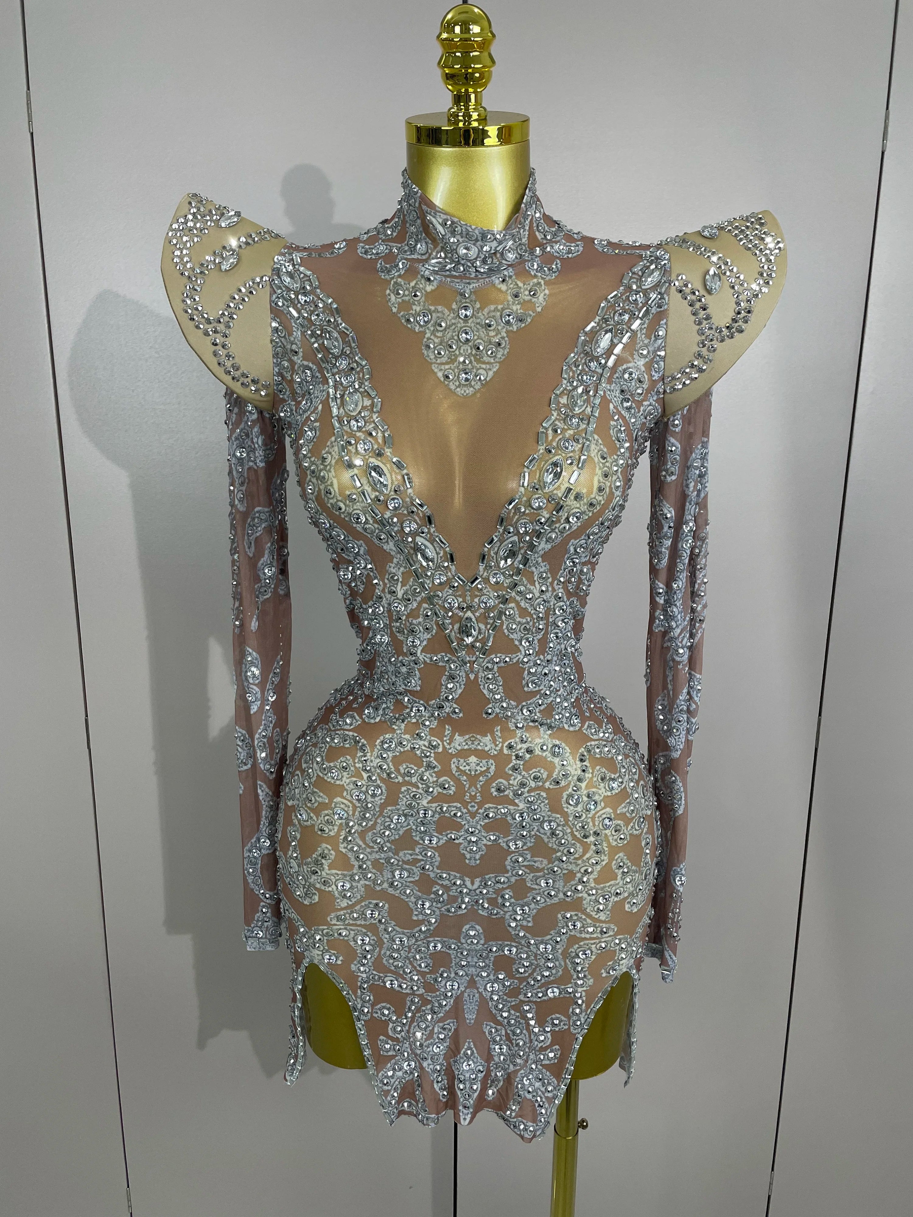 Sexy Singer Stage Drag Queen Costume 2025 Women Shiny Rhinestones Transparent Short Dress Birthday Celebrate Photoshoot Dress Dark Brown