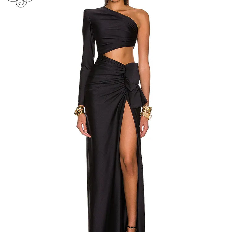 VC Black Long Dress Women Diagonal Collar One-Shoulder High Slit Ruched Design Evening Party Dress 2022 Autumn Winter New