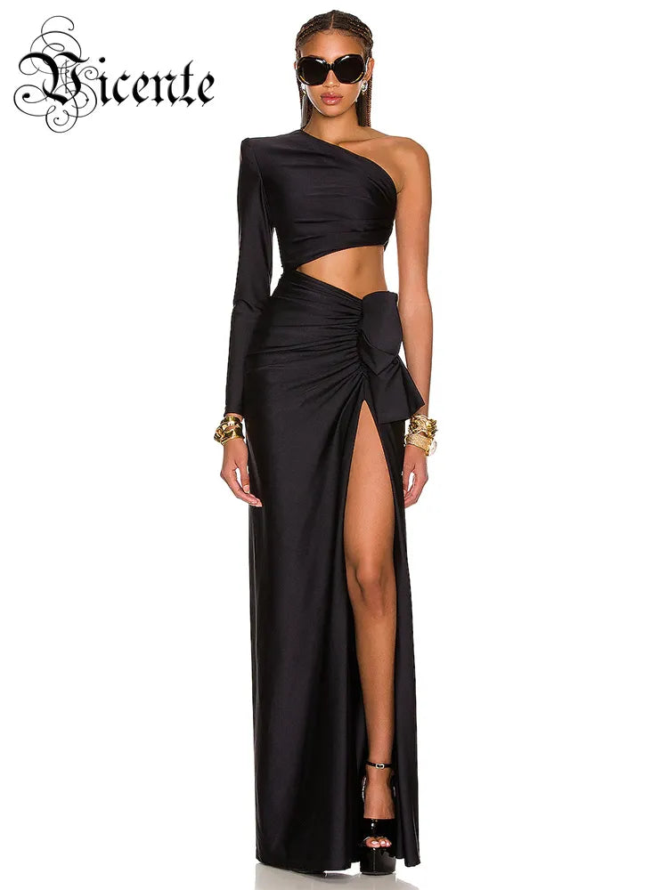 Black Long Dress Women Diagonal Collar One-Shoulder High Slit Ruched Design Evening Party Dress 2022 Autumn Winter New