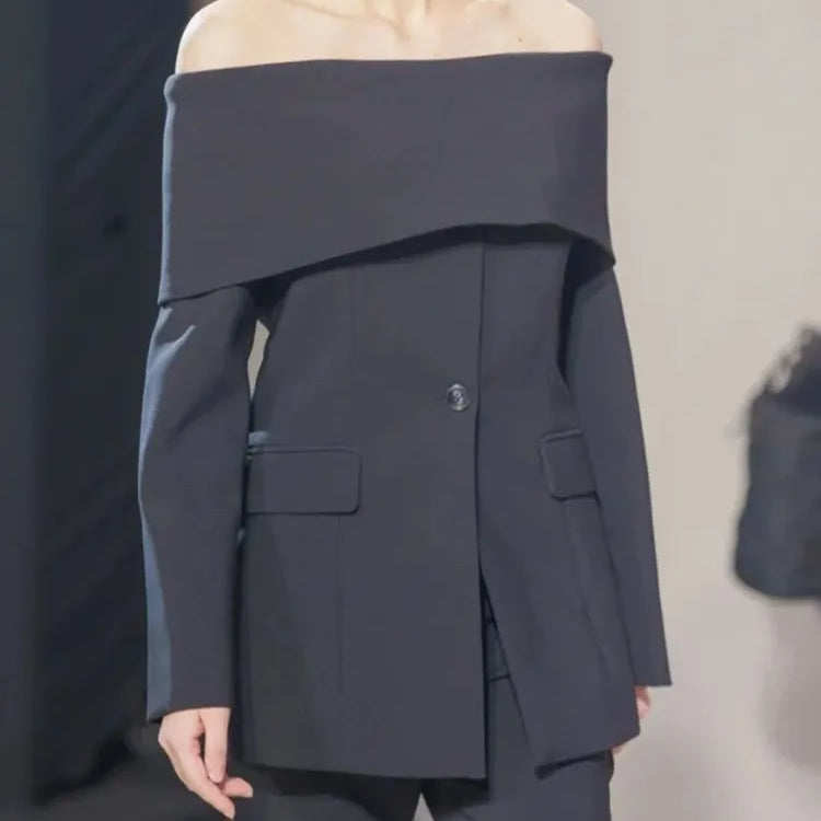 Solid Temperament Blazers For Women Slash Neck Long Sleeve Patchwork Pocket Minimalist Slim Blazer Female Fashion