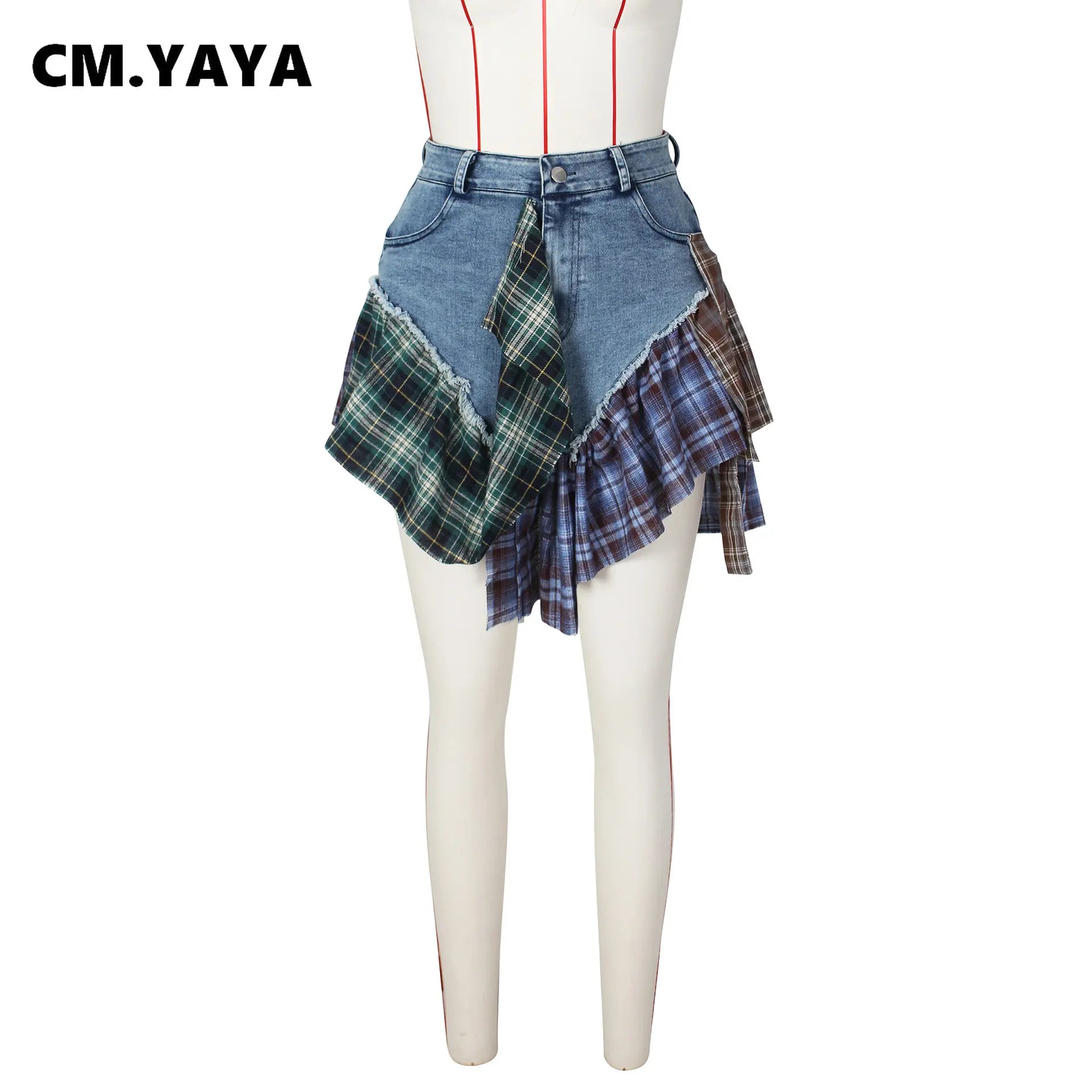 Women Fashion Plaid Denim Patchwork Streamer Irregular A-line Mini Skirt 2023 Street Female Classic Jeans Cargo Skirts