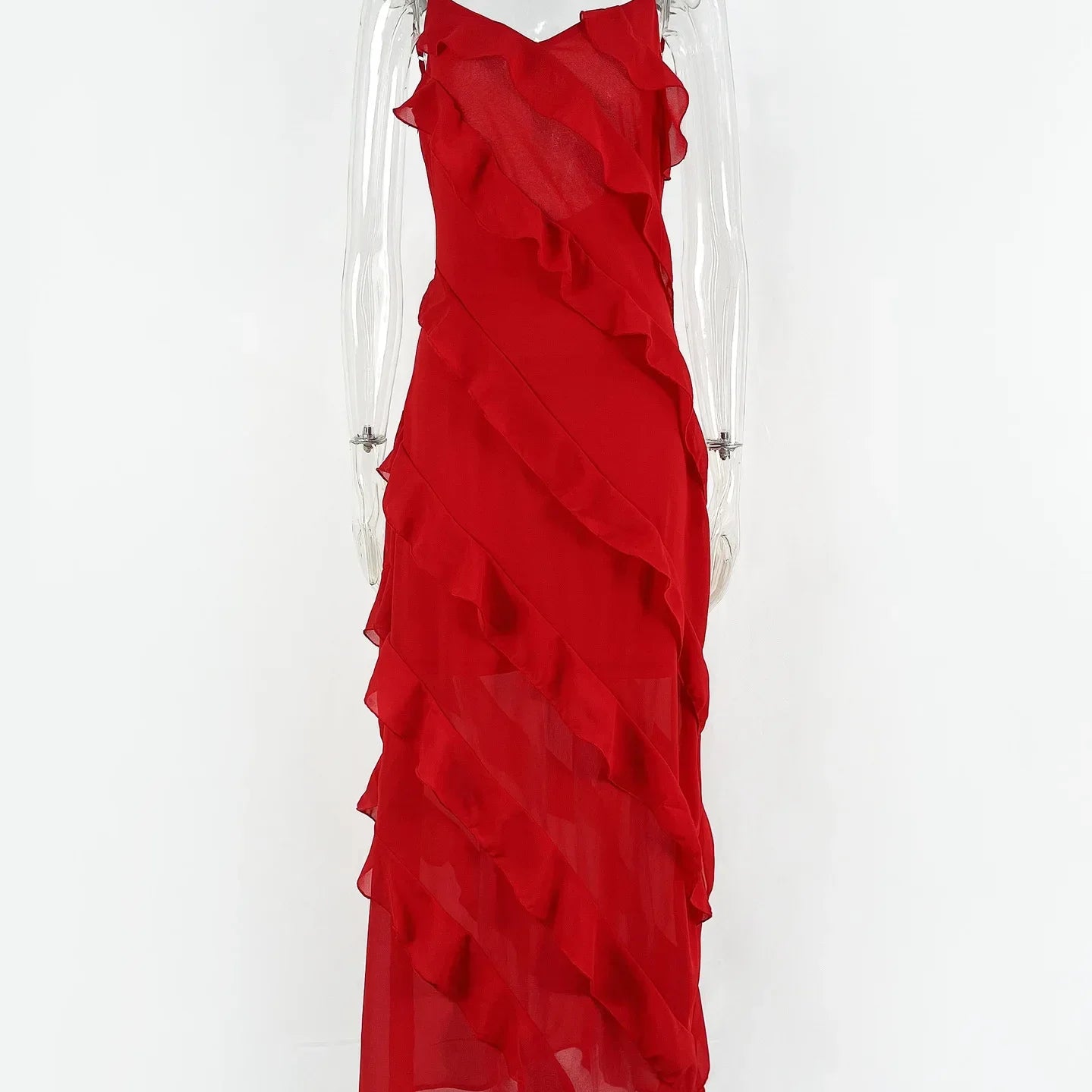 Elegant Red Chiffon Slip Dresses for Women Sexy Spaghetti Strap Backless Lace-up Ruffles Long Maxi Evening Party Prom Dress Red