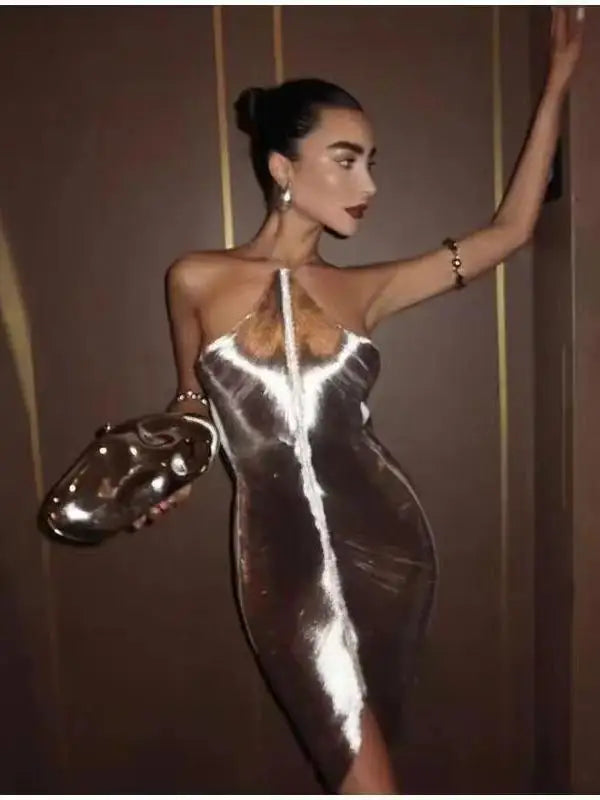 Sexy Fashion Metallic Halter Mini Dress For Women Female Sleeveless Backless Sliming Vestidos Lady Party Club Evening Gown Robe White L