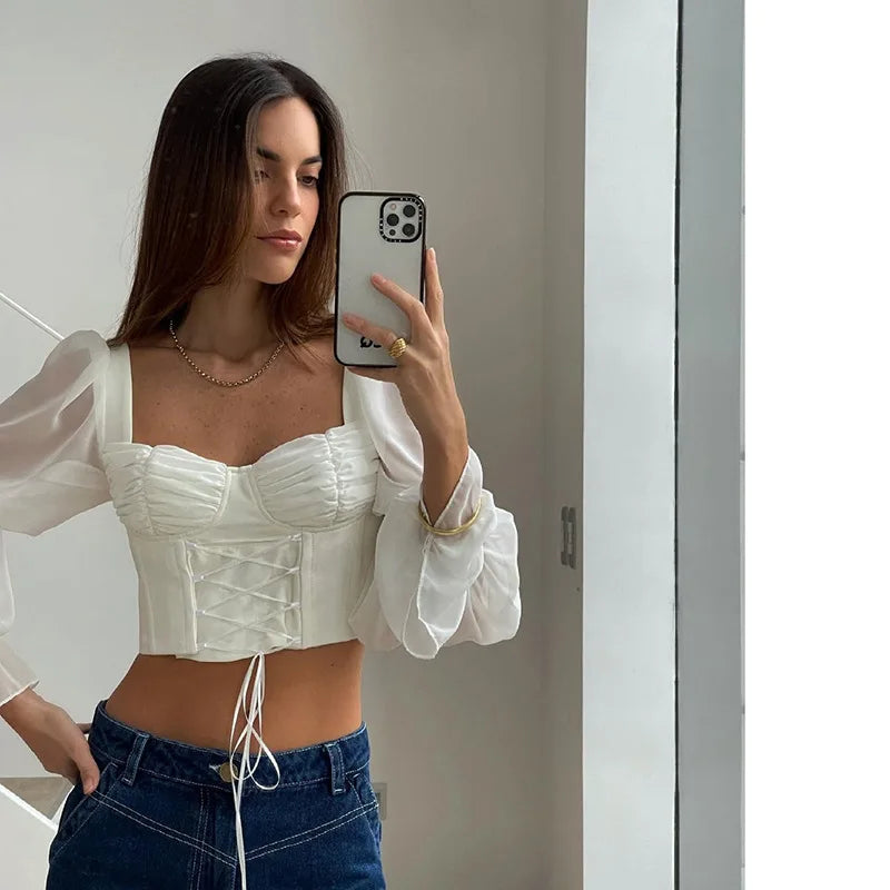 Spring Summer New Women Street Trendy Square Neck Mesh Patchwork Long Sleeved Slim Fit Cropped T-shirt Exposed Navel Top