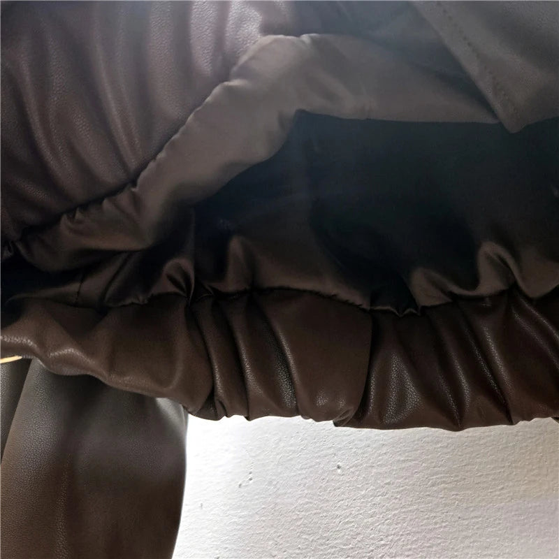 Autumn Winter New Fashion Hollow Metal Circle Stand Collar Zipper Long Sleeve Leather Jacket For Women Trendy 11A07639