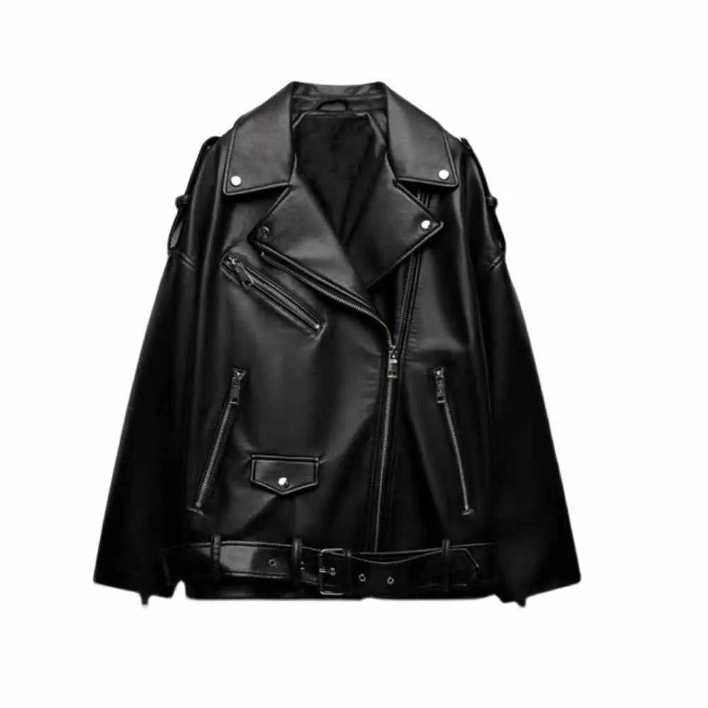 Women Autumn Fashion Imitation Leather Loose Jacket Coat Vintage Long Sleeve Zipper Female Outerwear Chic Tops black