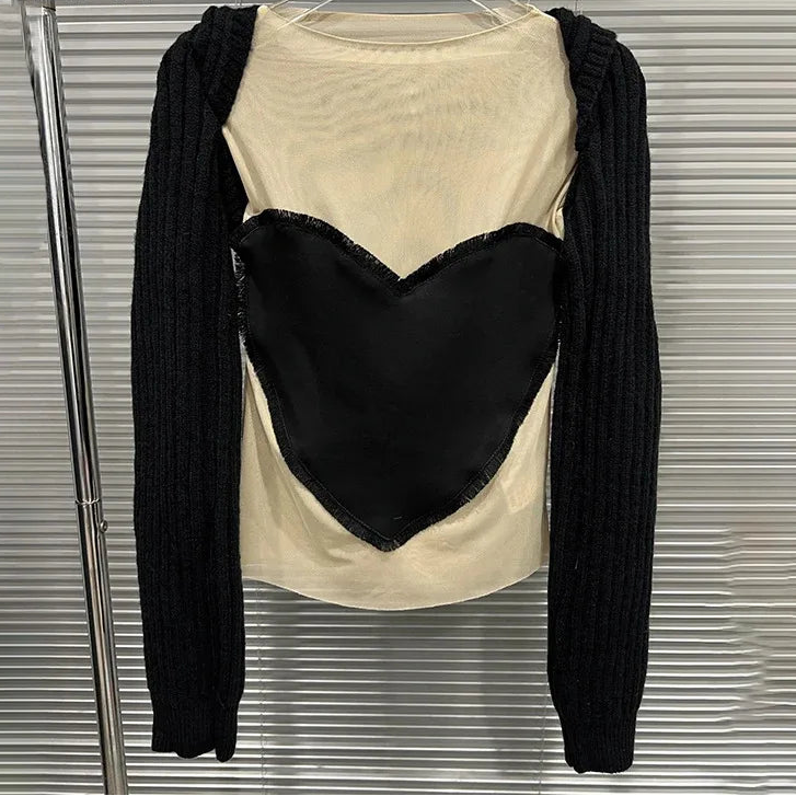 Autumn Winter New Fashion Heart Pattern Casual O-neck T-shirt For Women Black Knitted Hooded Pullover Female 11A07566