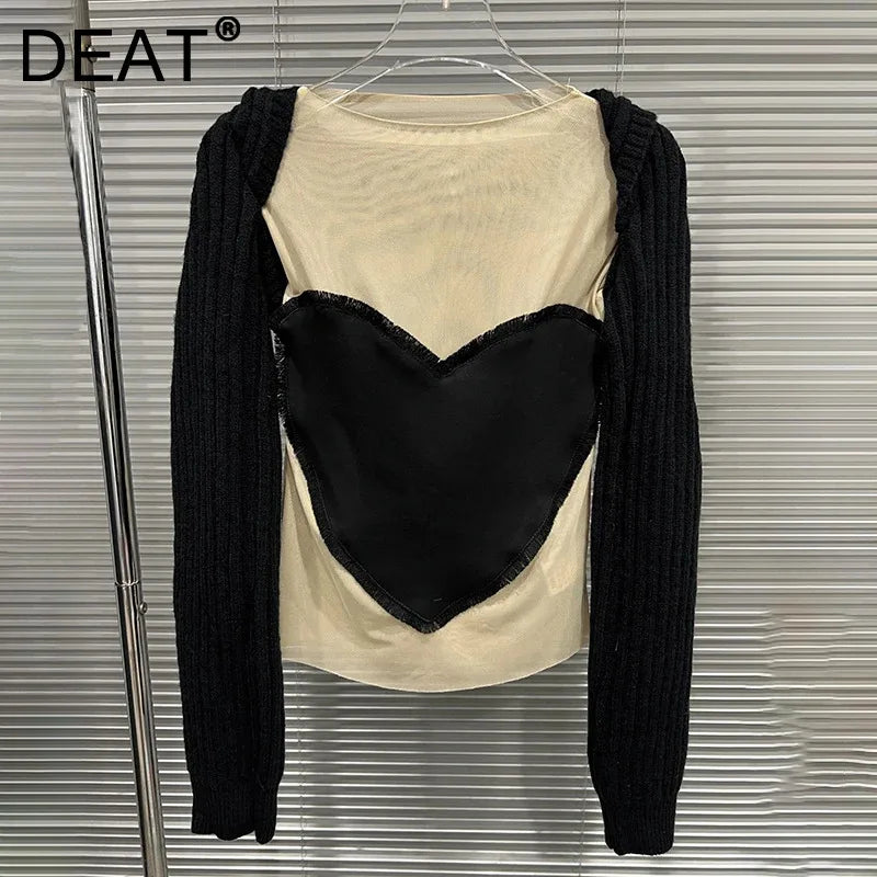 Autumn Winter New Fashion Heart Pattern Casual O-neck T-shirt For Women Black Knitted Hooded Pullover Female 11A07566