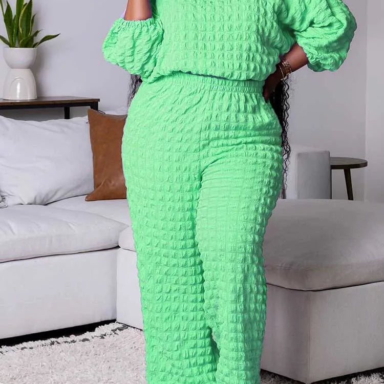 Curvy Plus Size Woman Clothing Fall Winter Long Sleeve 2 Piece Outfit Set Bubble Waffle Pleated Top and Pants Sets Elegant Suit Turquoise