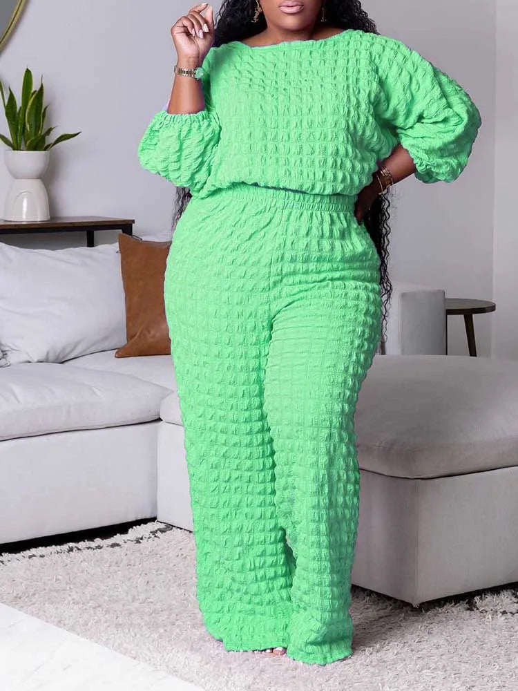 Curvy Plus Size Woman Clothing Fall Winter Long Sleeve 2 Piece Outfit Set Bubble Waffle Pleated Top and Pants Sets Elegant Suit Turquoise