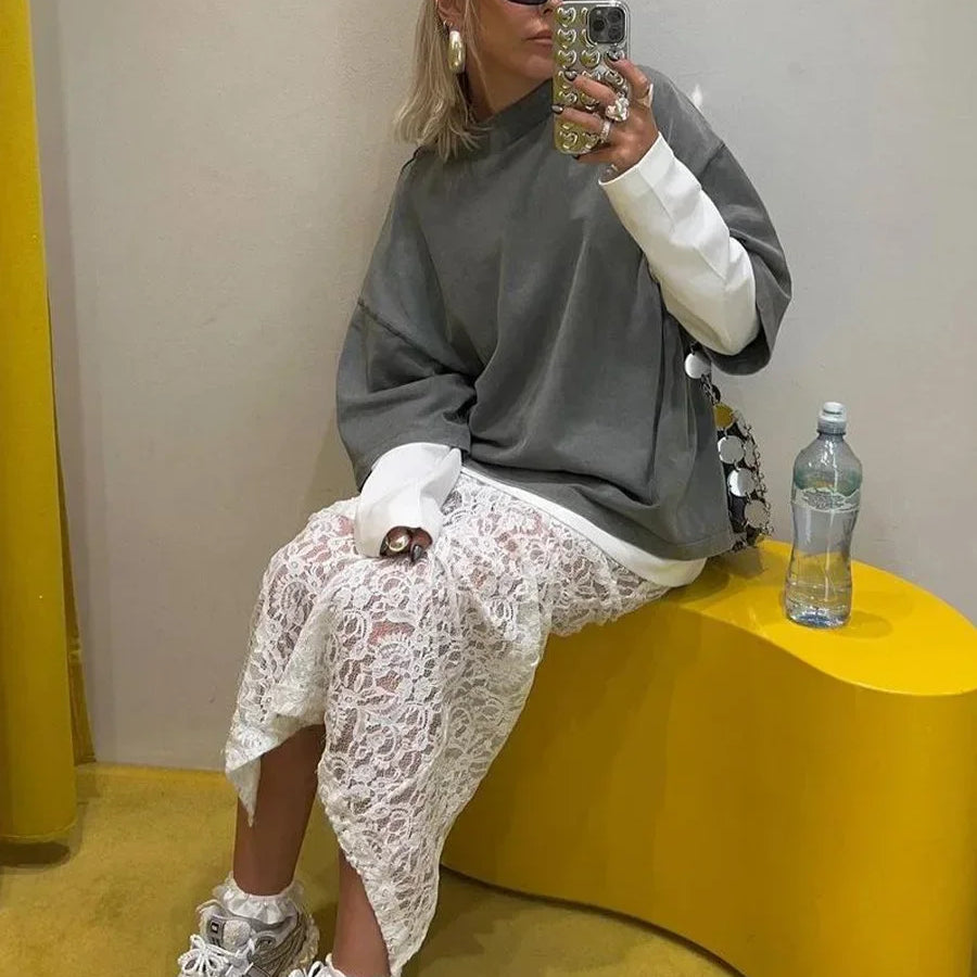 DSMTRC Woman Summer New A-Line Maxi Skirt High Waist Female Sexy Perspective White Lace Jacquard Vacation Beach Style Skirt