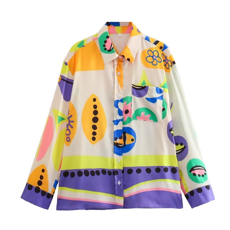 Woman Shirts Pants Sets 2024 New Summer Geometric Print Loose Long sleeved Shirts Fashion Elastic Waist Wide Leg Pants Outfits Shirt-Multi