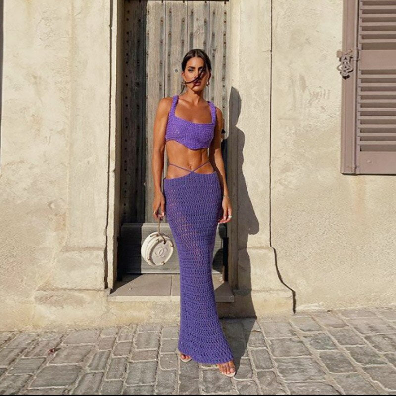 Two Piece Sets Summer Crop Top Maxi Skirt 2pcs Set Women High Street Elegant Party Outfit Sexy Knit Backless Tops Bodycon Skirt Lavender