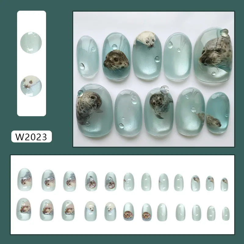 24pcs Shiny Green Cat Eye False Nails Cute Seal Print Fake Nails Tips Wearable Reusable Glossy Short Round Press on Nails 2