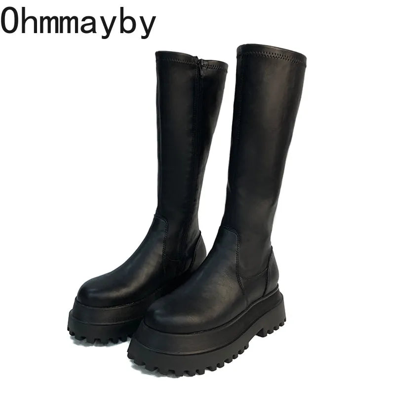 Winter Chunky Platform Heels Long Boots Round Toe Zipper Thick Sole Ladies Fashion Winter Women's Knee High Boots