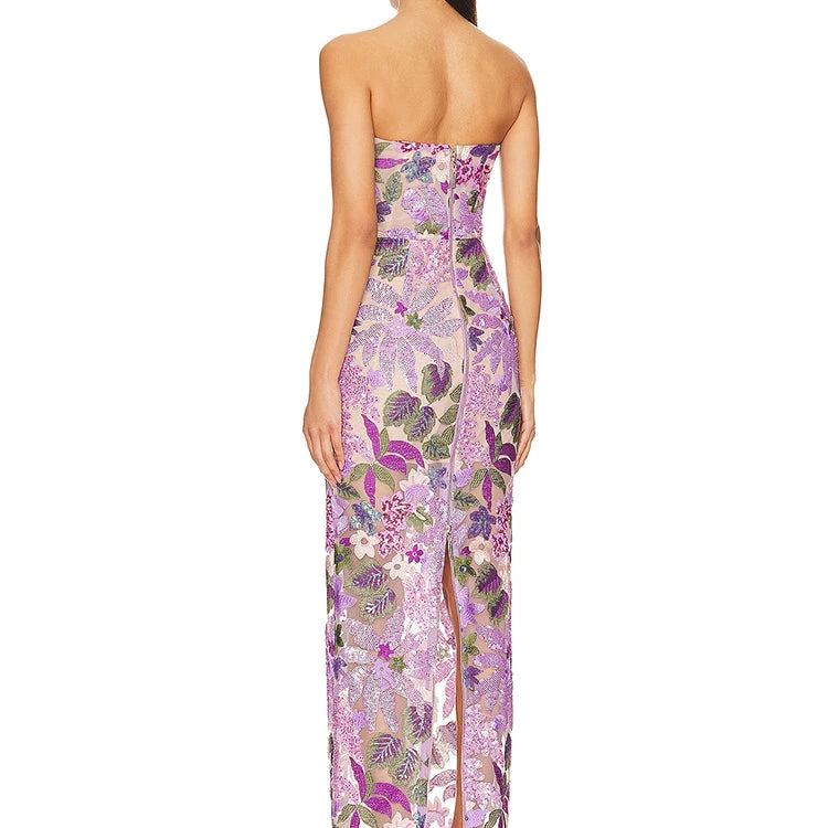 Sequin Flowers Embroidery Sexy Mesh See Through Strapless Ankle Length Dress Elegant Woman Evening Dress Celebrity Party Outfit