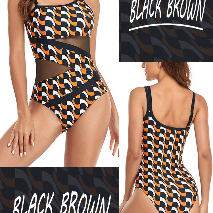 Sexy Mesh One-Piece Swimwear - One Shoulder Swimsuit Bodysuit Beachwear Brazilian Bathing Suits Summer Monokini Black Brown