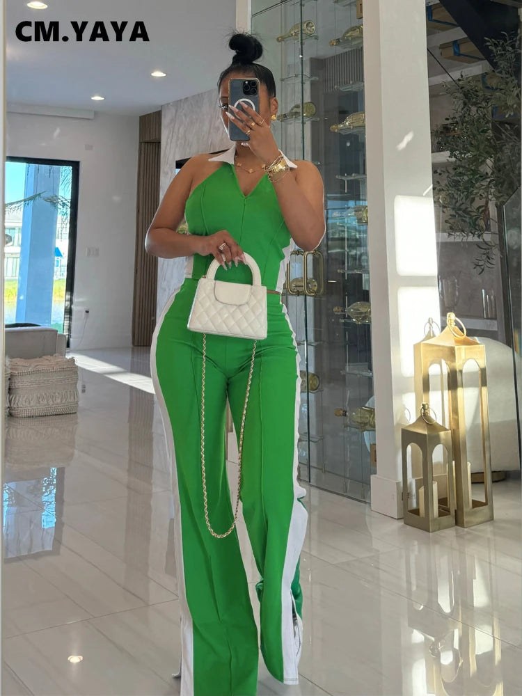 Sporty Patchwork Women's Set Sleeveless Polo-tank Tops and Slit Flare Pants 2025 Active Two 2 Piece Set Outfit Tracksuit