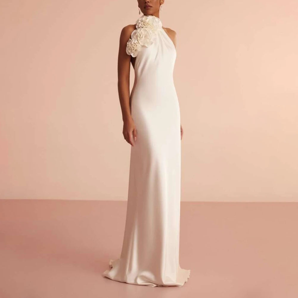 White Satin Halter Backless Long Dress For Women Sleeveless Flowers Embellished Slim Prom Elegant Evening Party Gowns WHITE