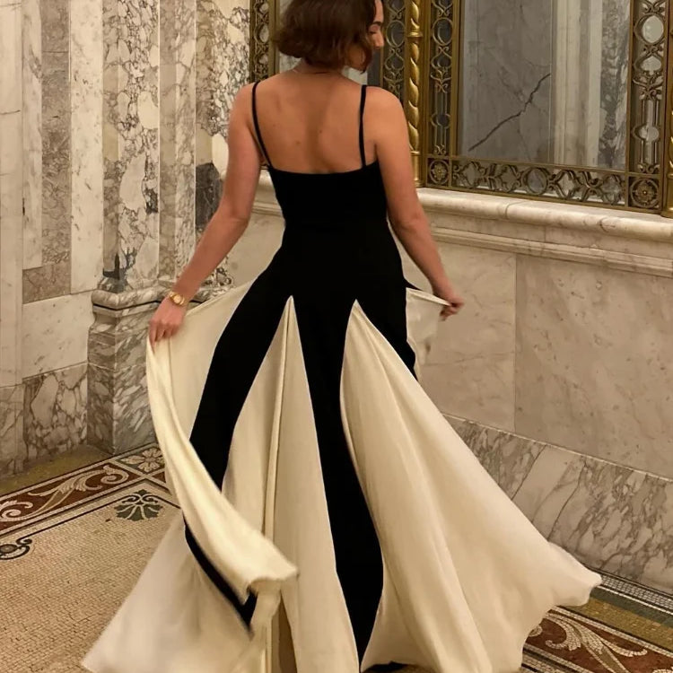 2025 Summer Elegant Contrast Patchwork Lady Spaghetti Strap Maxi Dress Backless Sleeveless High Waist A-line Robe Party Dresses