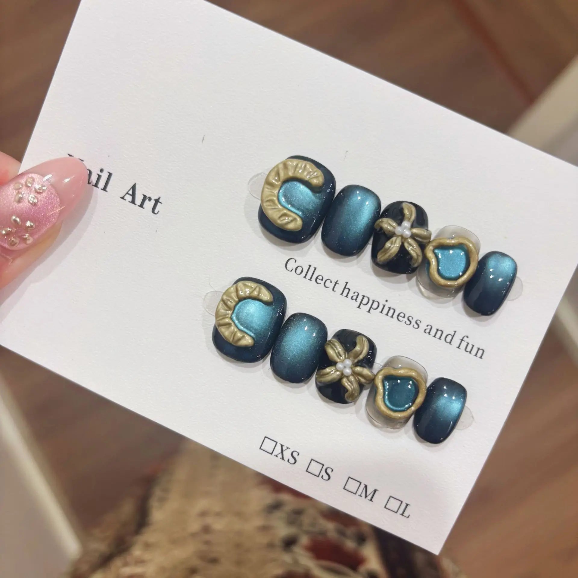 10Pcs Blue Cat Eye Nail Tips Full Cover Silver Stars Sweet Cool Short Handmade Nail Patch Removable False Nails for Spice Girls