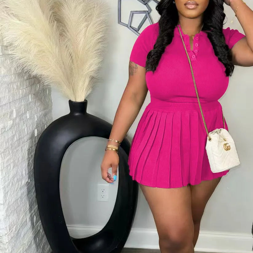 Fashion Sport Women's Set Pleated Mini Skirt and Short Sleeve T-shirt Top 2024 Street Two 2 Piece Dress Sets Outfits Rose Red