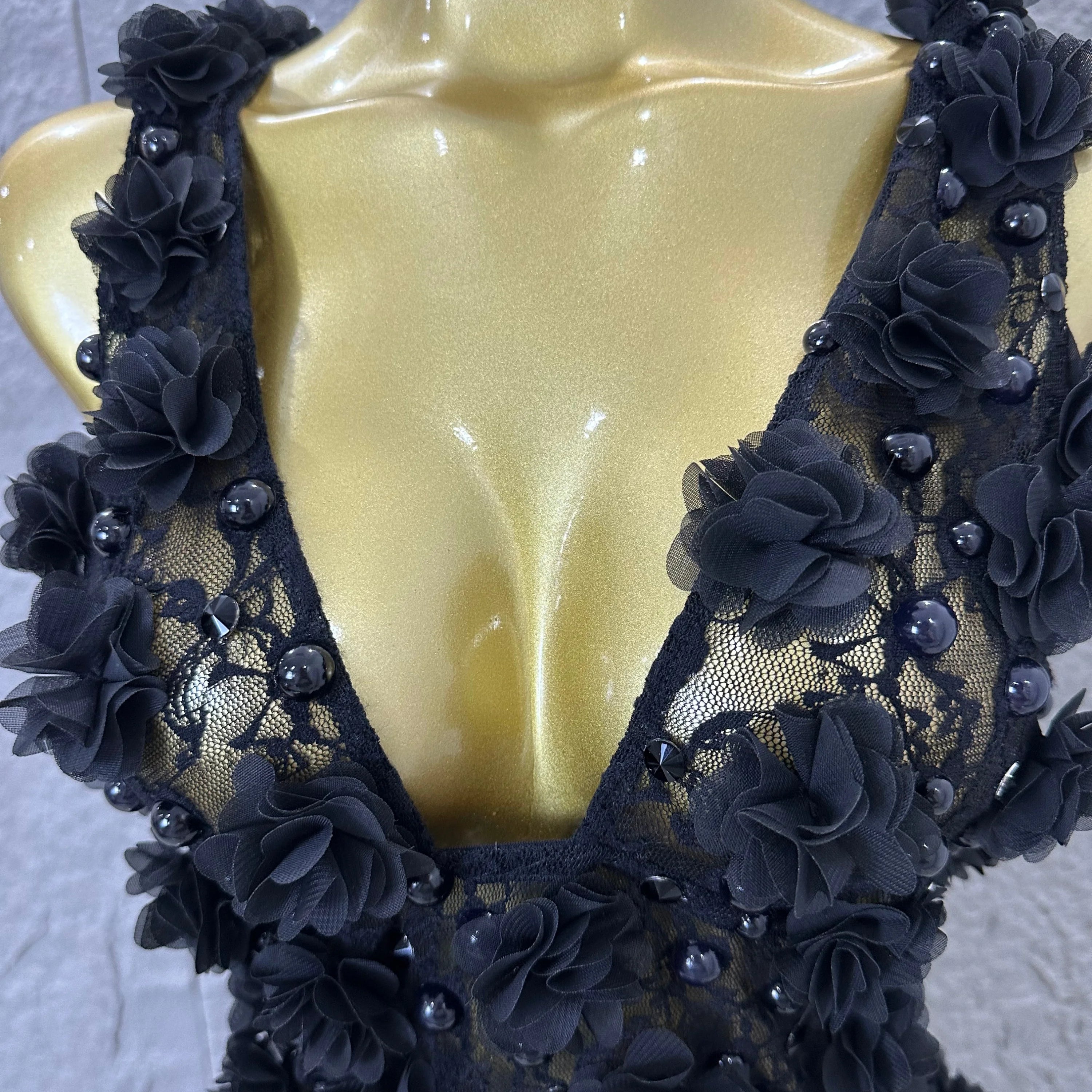 Luxury Black Sheer Mesh Floral Appliqué Mini Dress Deep V Neck Fitted Bodycon Formal Dinner Cocktail Event Party Dress