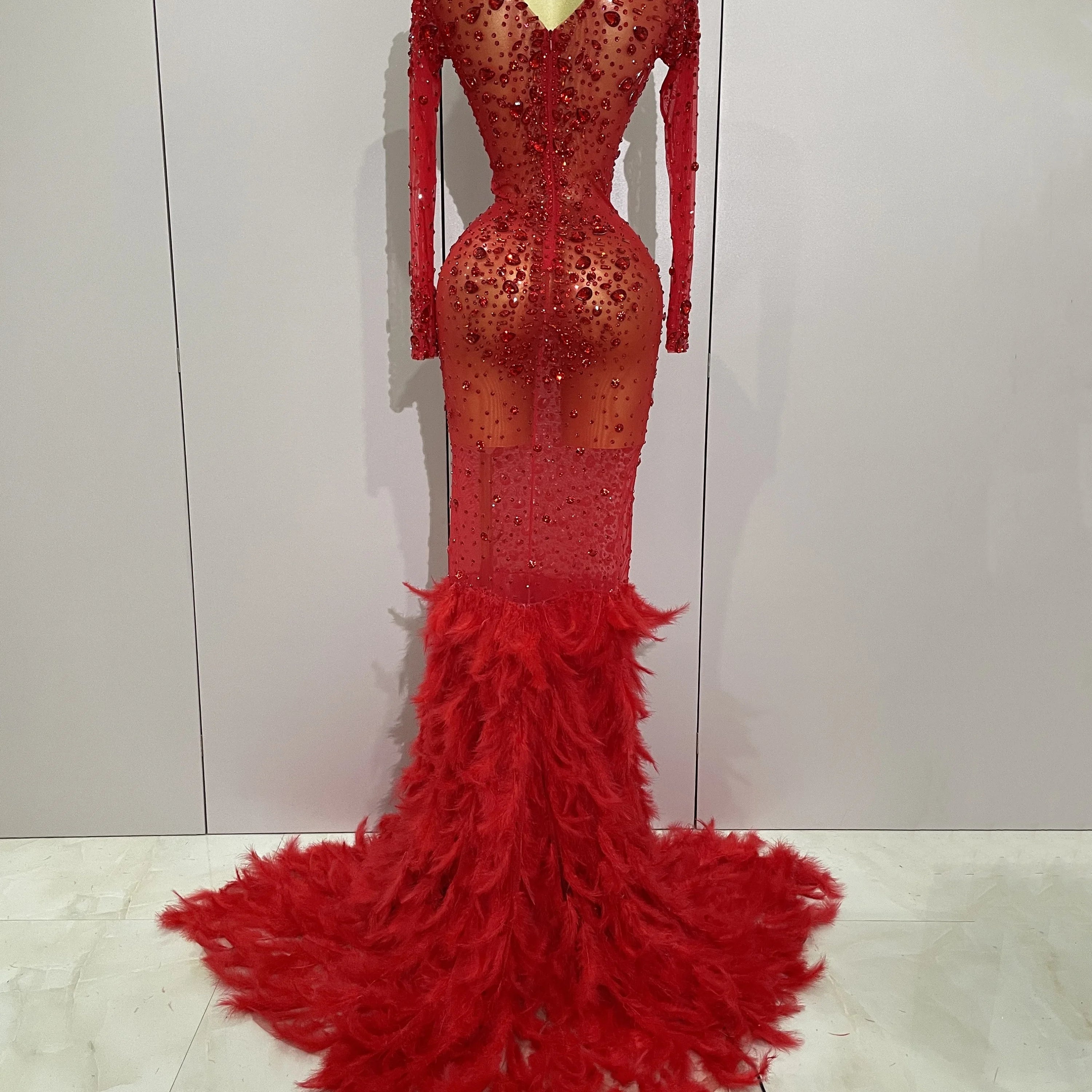 2025 New Sparkling Red Crystals Feathers Long Sleeve Mermaid Maxi Dress Women Wedding Celebrate Luxury Birthday Party Prom Gown