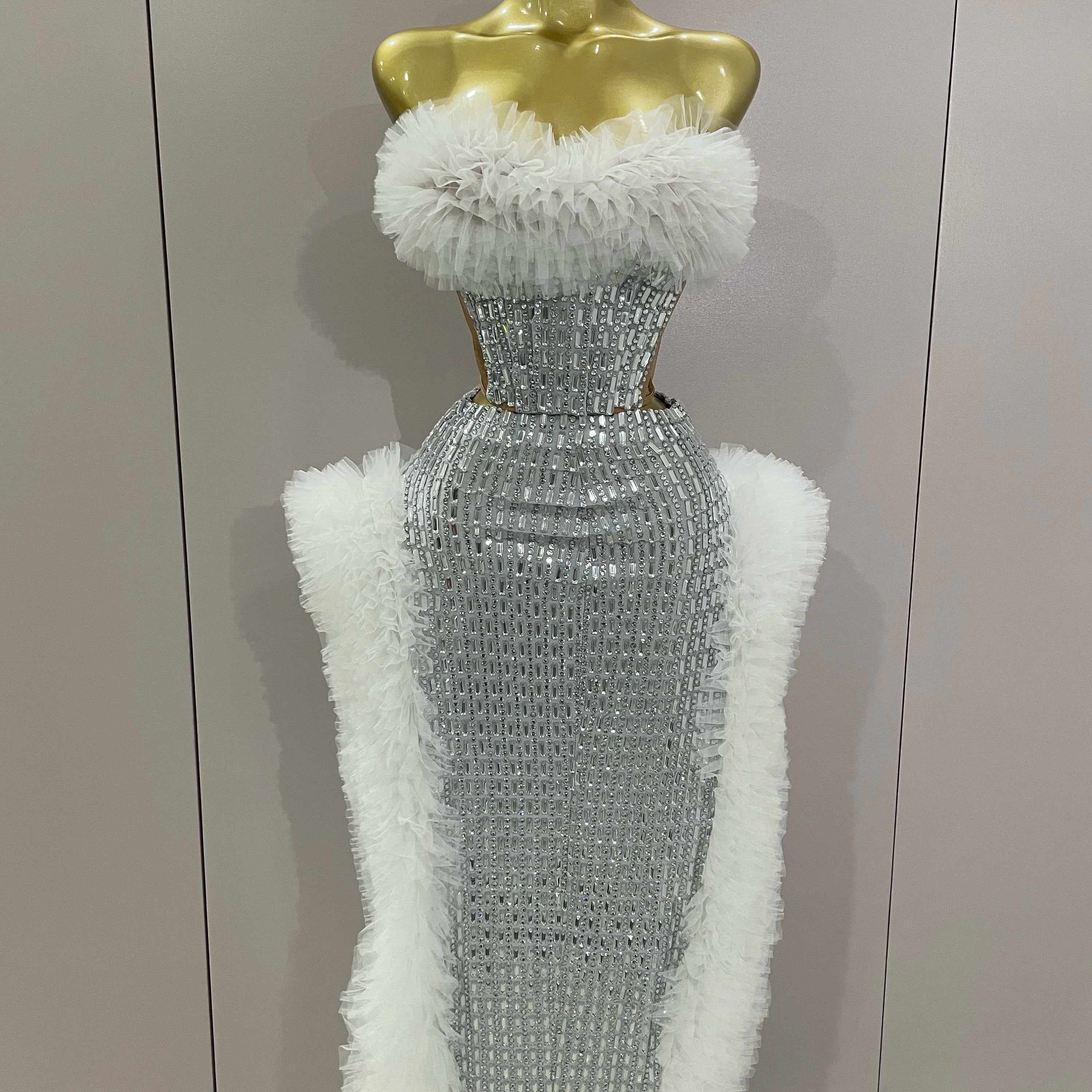 Sparkly Rhinestone Sexy Strapless Tops Skirt 2 PCS Set 2025 Women Celebrate Evening Prom Birthday Dress Nightclub Stage Outfit WHITE