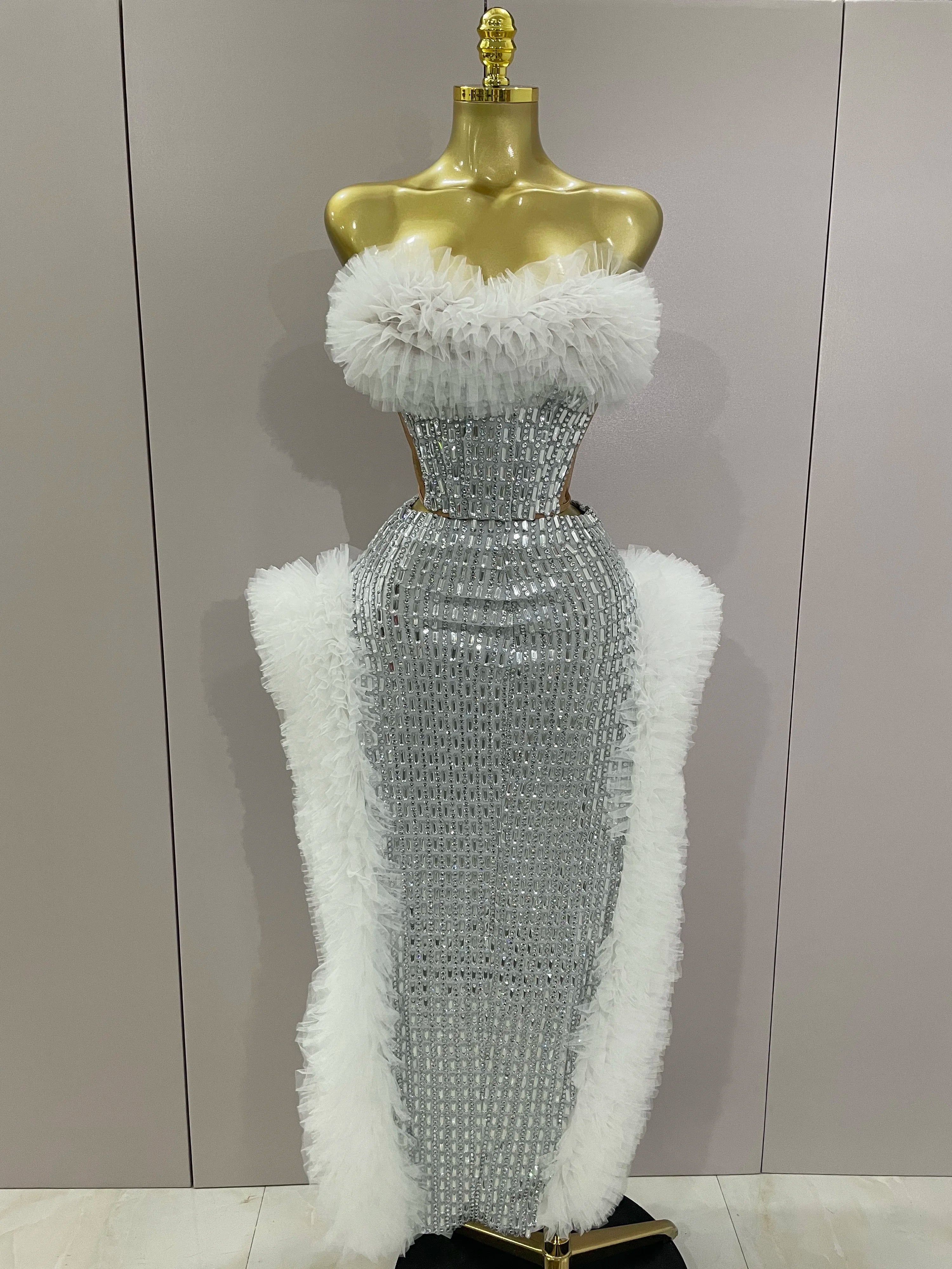 Sparkly Rhinestone Sexy Strapless Tops Skirt 2 PCS Set 2025 Women Celebrate Evening Prom Birthday Dress Nightclub Stage Outfit WHITE