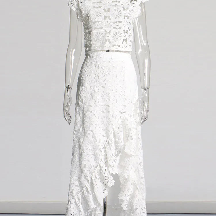 Hollow Out Embroidery Two Piece Set For Women Round Neck Sleeveless Top High Waist Split Skirts Elegant Sets Female