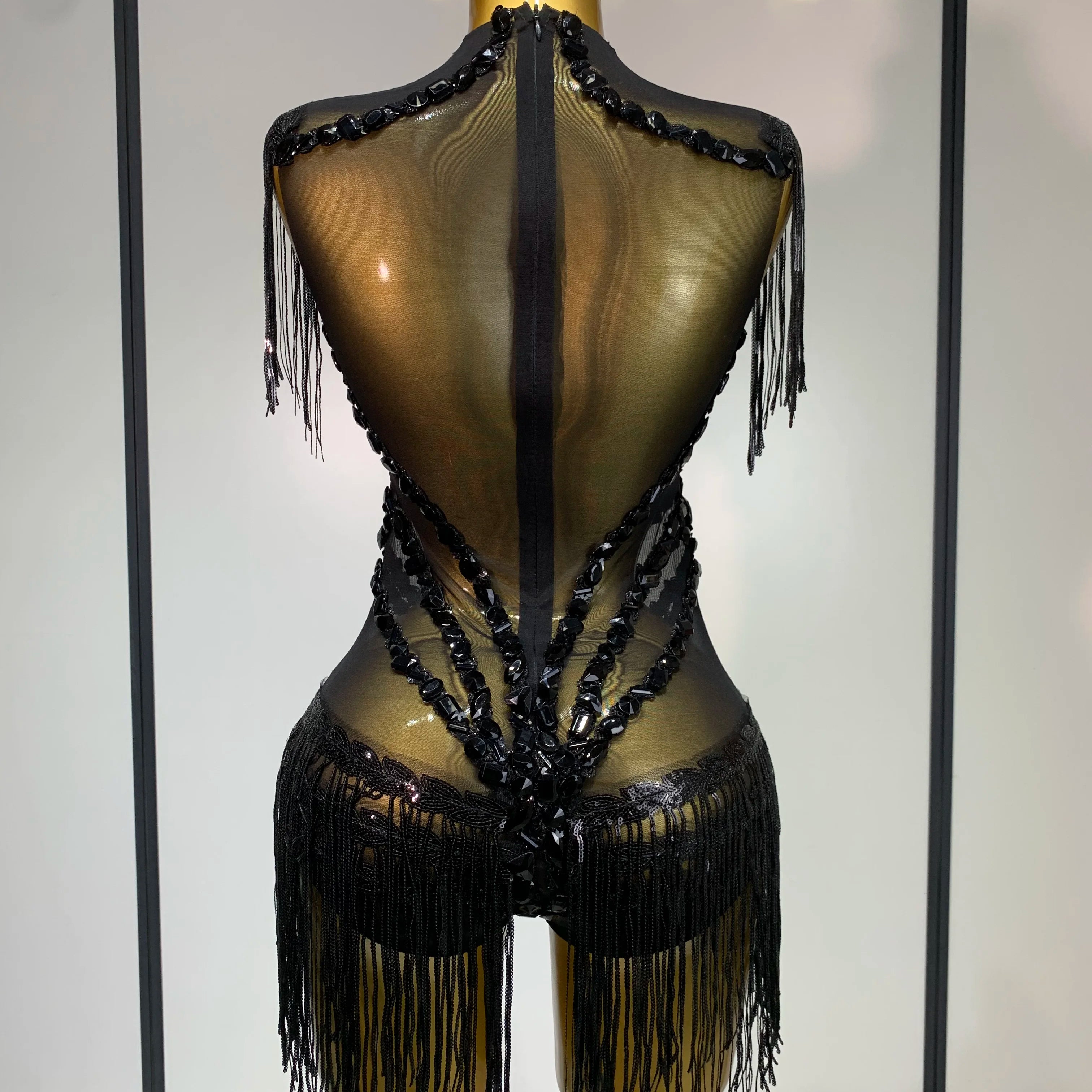 Sexy Mesh SeeThrough Black Rhinestone Bodysuit Singer Dancer Show Stage Outfit Celebrate Birthday party Club Performance Waer