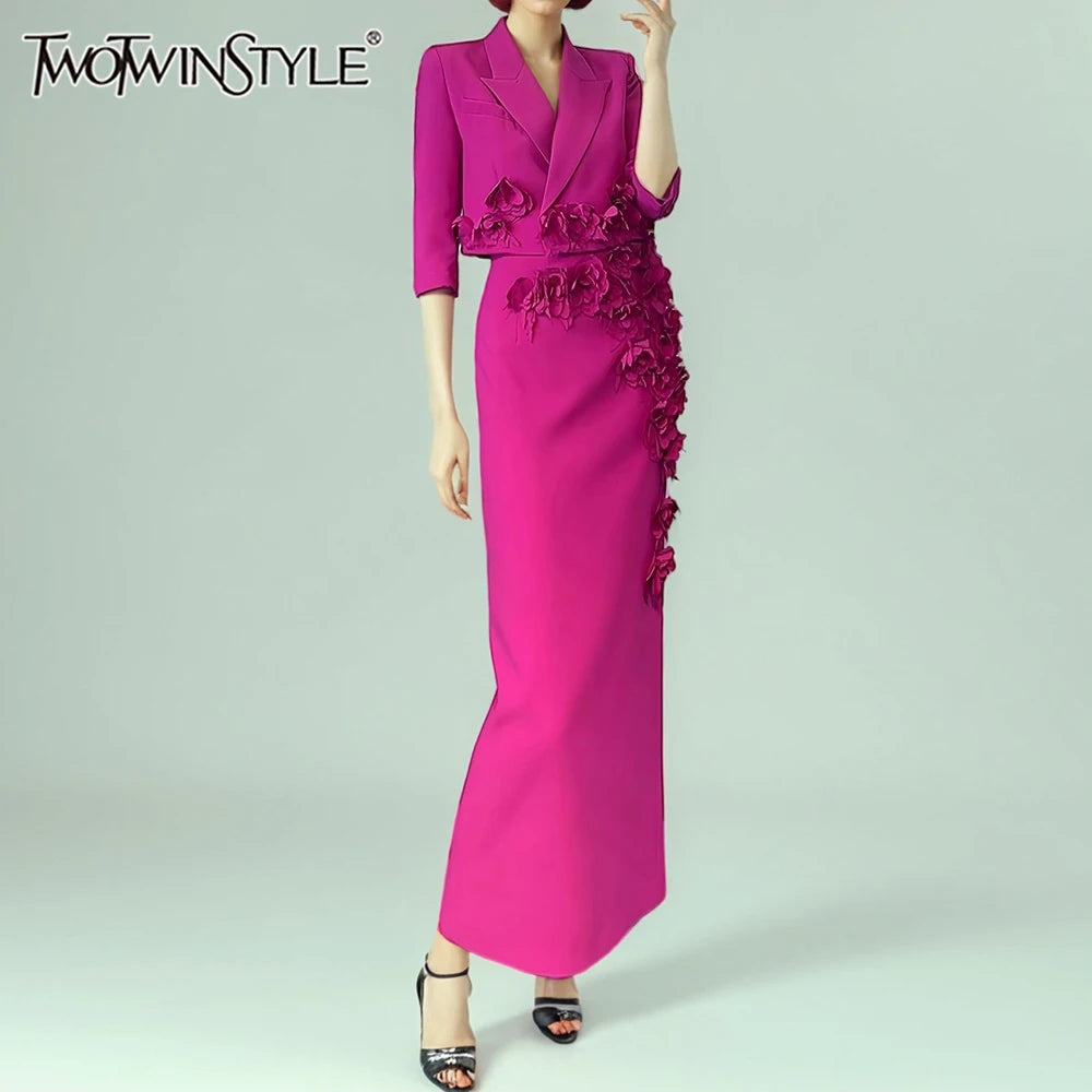 Solid Slimming Spliced 3D Flower Two Piece Sets for Women Lapel Half Sleeves Short Top High Waist Skirt Set Female