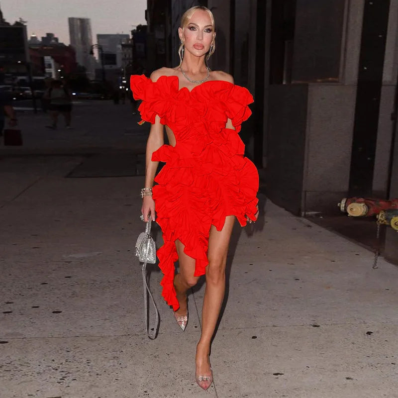 Women Edible Tree Fungus Tierred High Low Asymmetrical Ball Gown Dress 2023 Sexy Club Party Evening High Street Dresses Red