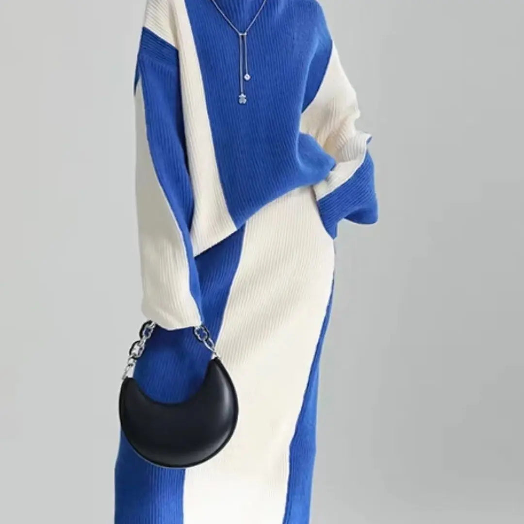 2023 new knitted women thickened turtleneck color-blocked sweater skirt y2k Korean style lazy slim two-piece suit