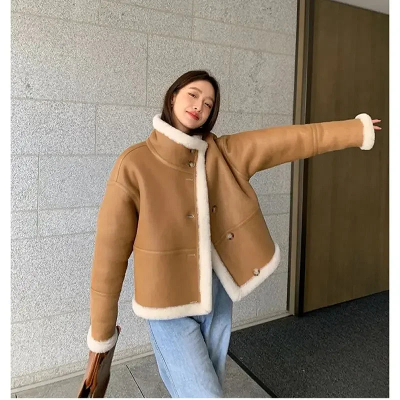 Lady Fashion Wool Jackets Women Fashion Real Wool Lamb Fur Coat Winter Jacket LSBH69