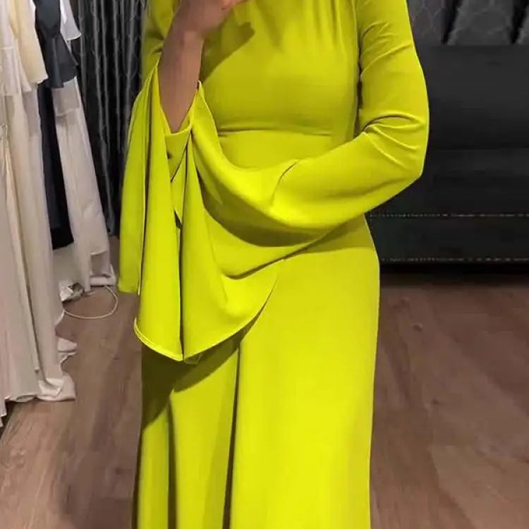 Onecozyday New Women Elegant Evening Dresses Ruffled Sleeve Turtleneck High Waisted Slim Fit Pleated Floor Length Dress